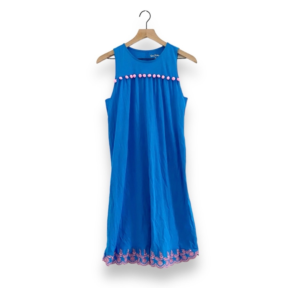 Lilly Pulitzer Blue Sleeveless Dress Pink Pom Pom Embroidered Scallop Hem XS